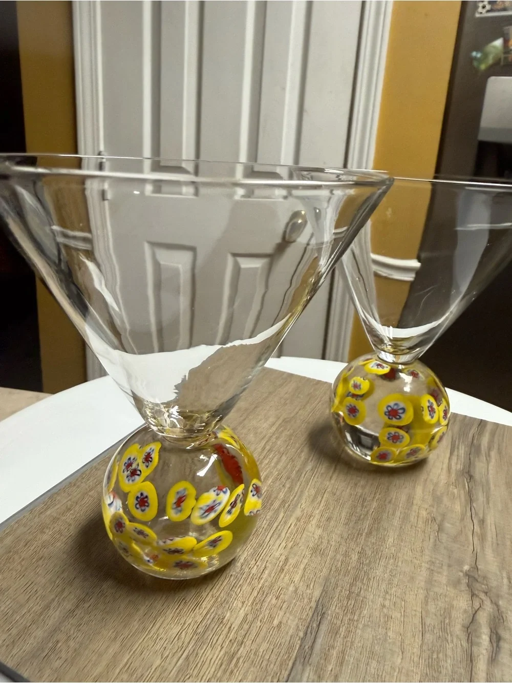 Vintage Hand-Blown Millefiori Art Glass Martini Glasses Yellow Orb Stem Set of 2